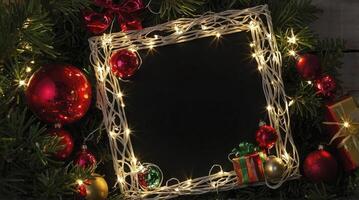 Christmas Chalkboard Frame with Ornaments and Lights for Holiday Greetings photo