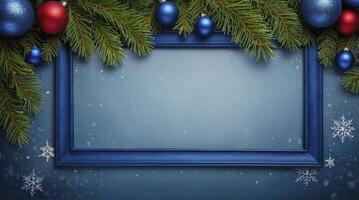 Christmas Frame with Ornaments and Spruce Branches for Holiday Greetings photo
