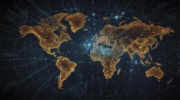 Global Connection World Map with Network Communication Lines and Glowing Dots photo