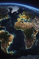 Earth From Space at Night Showing City Lights and Continental Shapes photo