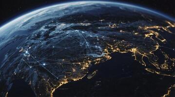 Earth at Night with Global Network Connecting Cities Across Continents photo