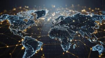 Global Network Connecting World Map Continents with Bright Glowing Connections photo