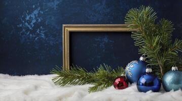 Christmas Ornament Display with Golden Frame on Faux Fur Background photo