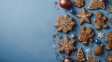 Festive Holiday Gingerbread Cookies and Ornaments on Blue Background for Christmas photo