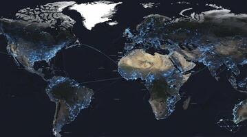 World Map Showing Digital Network Connections and Global Data Transfer photo