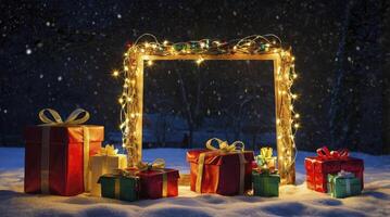 Gift Boxes with a Light Frame and Snow Background at Night photo