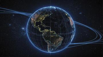 Earth Globe Glowing in Space with City Lights and Data Streams photo