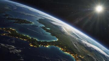 Earth View From Space at Night with City Lights and Sunrise photo