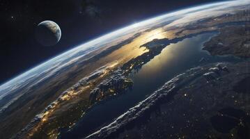 Earth From Space View Featuring City Lights and Distant Planet photo