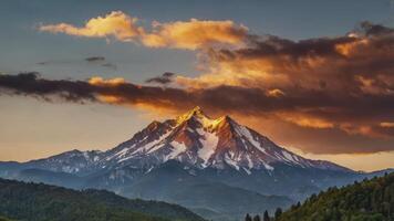 Snow Capped Mountain Peak Under Dramatic Clouds at Sunset Landscape photo