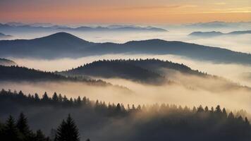 Mountains and Forest Covered with Fog at Sunrise in Nature photo