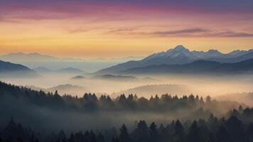 Mountain Range Forest at Sunset with Foggy Valley and Colorful Sky photo