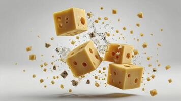Flying Cheese Cubes with Water Splash Against Neutral Background, Culinary Delight photo