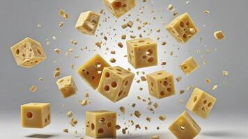 Floating Cheese Cubes with Crumbs on a Gray Background Still Life photo