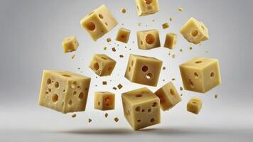 Falling Cheese Cubes with Holes on Grey Background Delicious Food Concept photo