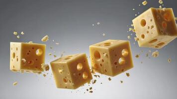 Floating Cheese Cubes with Holes Against Gradient Background Food Concept photo