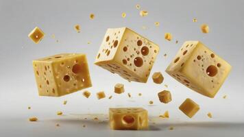 Floating Cheese Cubes with Holes Still Life Against Neutral Background photo