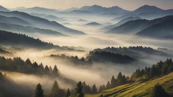 Mountains Covered in Morning Fog and Forest Landscape Valley Scenery photo