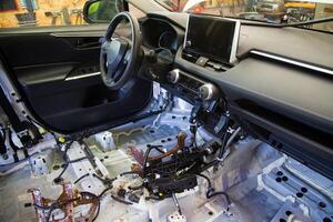 Submerged car with the interior and carpet completely removed, featuring rusty and moldy body parts. photo