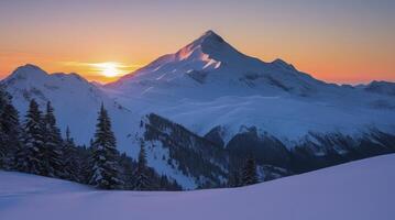 Snowy Mountain Peak at Sunset with Coniferous Trees in Winter Landscape photo