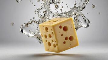 Cheese Block Splashing Into Water Isolated on a Studio Background photo