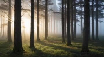 Misty Forest Scene with Sun Rays Streaming Through the Trees photo