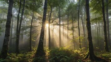 Sun Rays Shining Through Forest Trees with Ferns on Ground photo