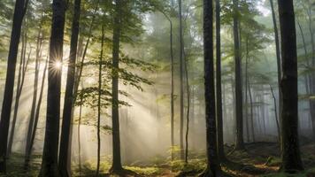 Sunlight Shining Through Foggy Forest Canopy Creating a Mystical Scene photo