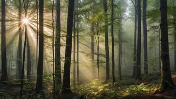 Sunlight Streaming Through Forest Trees Creating a Mystical Woodland Scene photo