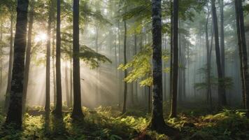 Sun Rays Shining Through Forest Trees Creating a Dreamlike Atmosphere photo