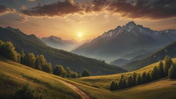 Scenic Mountain Landscape with Golden Sunset Glow and Rolling Green Hills photo