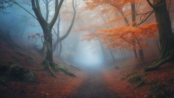 Foggy Autumn Forest Path with Red Leaves and Bare Tree Branches photo
