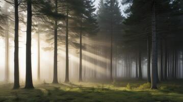 Sun Rays Shining Through Foggy Forest Landscape with Tall Trees photo