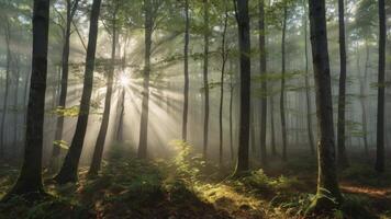 Sunlight Streaming Through Forest Trees Creating Magical Atmosphere and Fog photo