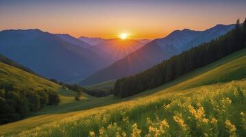 Scenic Mountain Valley at Sunrise with Meadow and Rolling Hills photo