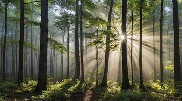 Sun Rays Shining Through Foggy Forest with Ferns and Tall Trees photo