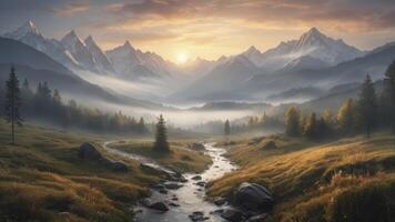 Scenic Mountain Landscape with River Flowing at Sunrise Through Fog photo