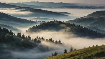 Misty Morning Landscape Rolling Hills and Valley with Foggy Atmosphere photo