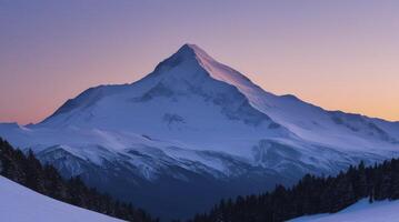 Snowy Mountain Peak Landscape at Dusk with Evergreen Trees photo