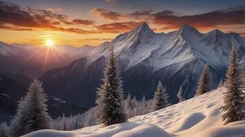 Snowy Mountains at Sunset with Evergreen Trees and Golden Sky photo