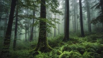 Walking Through Foggy Green Forest with Ferns and Tall Trees photo