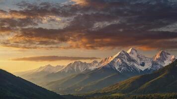 Snowy Mountain Range Landscape with Dramatic Sky at Sunset photo