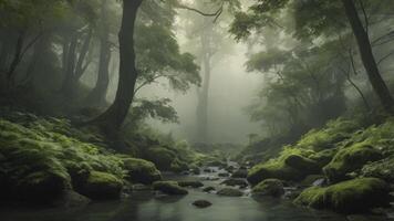 fluido corriente mediante cubierto de musgo rocas y brumoso arboles en bosque foto
