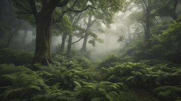 Foggy Forest Scene with Ferns and Trees Creates Mysterious Ambiance photo