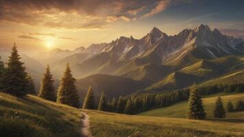 Mountain Landscape at Sunset with Pine Trees and Grassy Meadow photo
