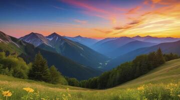 Vibrant Mountain Valley Landscape at Sunset with Meadow and Forest photo