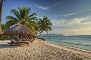 Relaxing Beach Scene with Palm Trees and Loungers by the Ocean photo