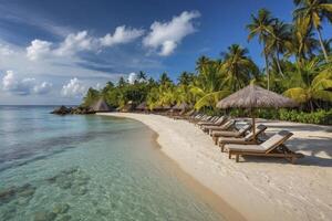 Tropical Beach Scene with Clear Water Palm Trees and Lounge Chairs photo