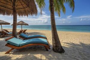 Relaxing Beach with Palm Trees and Lounge Chairs on White Sand photo