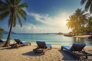 Beach with Palm Trees and Deck Chairs on a Sunny Day photo